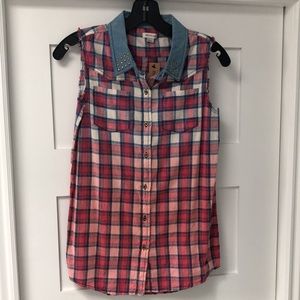 New Embellished Tie Dye Button front Plaid Shirt! Collar has studs! Size M 10/12
